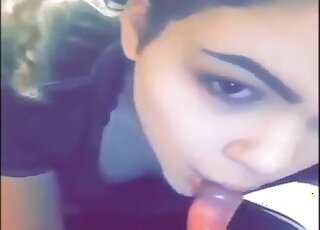 Cutie is sucking her doggy's huge dick with love